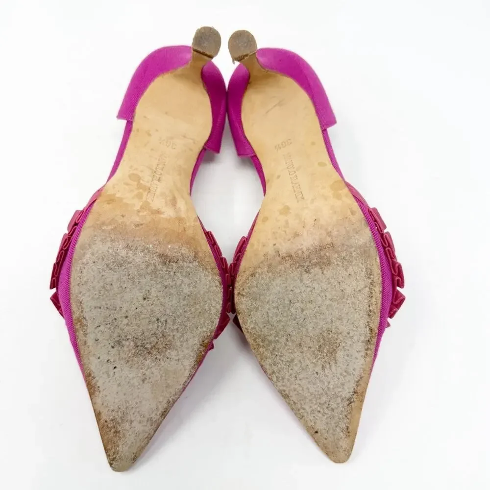 Manolo Blahnik D’Orsay Heels Pink Canvas Pointed Toe Womens Size EU 36.5